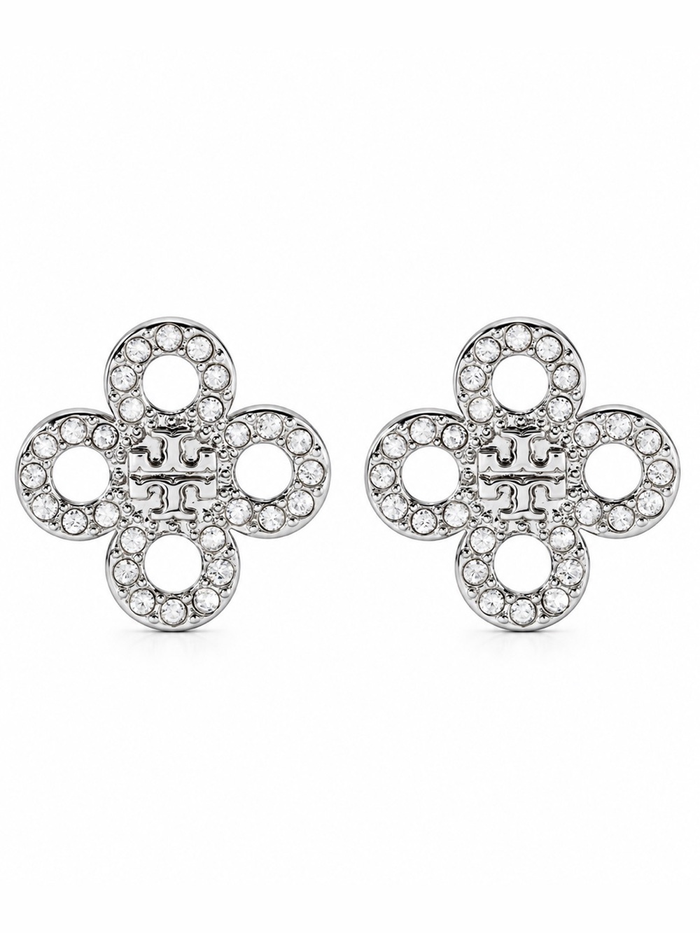 Tory Burch Small Kira Pavé Clover Stud Earrings in Silver.